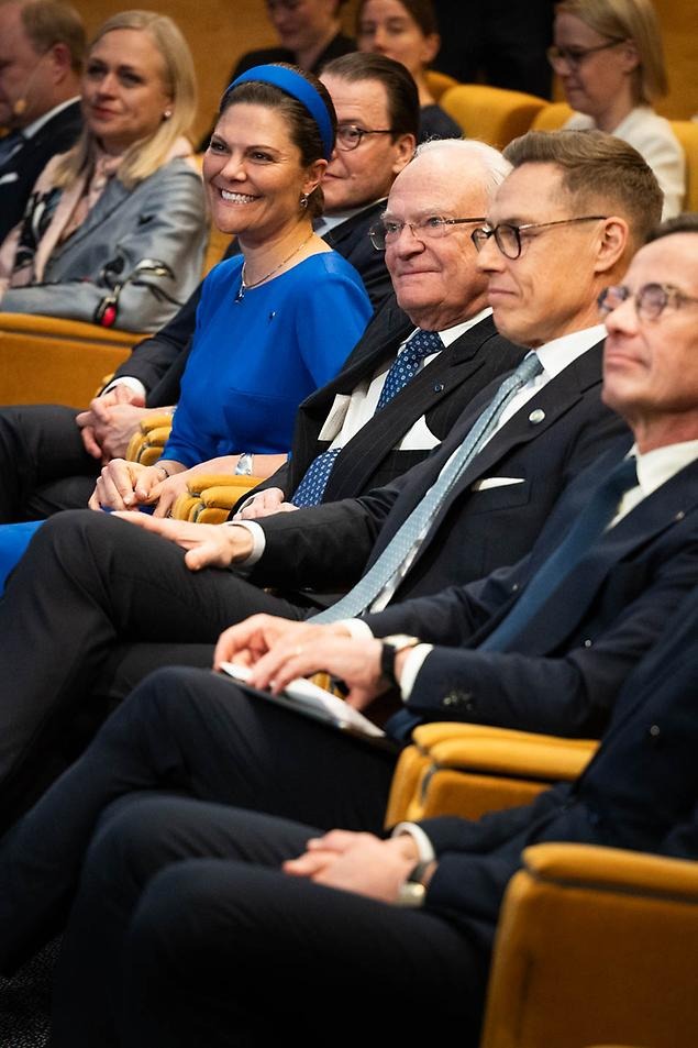 Kronprinsessparet, Kungen, president Stubb och statsminister Ulf Kristersson under näringslivsseminariet.