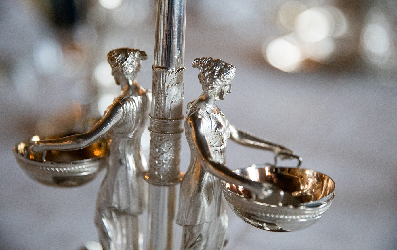 Close-up of a piece from the Brazilian silver service used at HM The King's official banquets. 