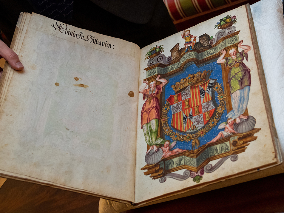 The Habsburg Marriage Book depicts the coats of arms of the royal houses represented at the wedding of Archduke Karl of Austria and Maria of Bavaria in 1571.