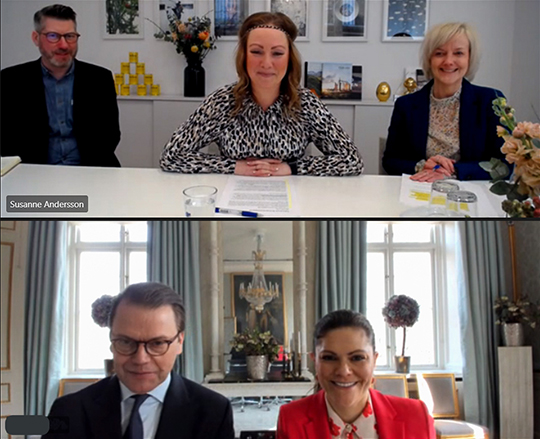 Kronprinsessparet i möte med Visit Swedens verkställande direktör Susanne Andersson, vice verkställande direktör Hanna Stenholm och digitala chef Nils Persson.