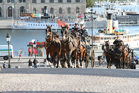 Ambassadörerna med följe färdas i Hovstallets vagnar uppför Slottsbacken vid Kungliga slottet. 