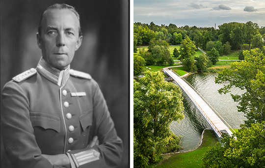 T.v. Greve Folke Bernadotte af Wisborg, foto ur Bernadottebibliotekets arkiv. T.h. Den nybyggda Folke Bernadottes bro. 