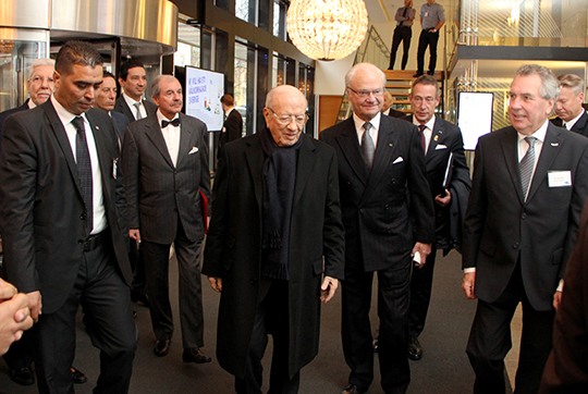 Kungen och president Beji Caïd Essebsi anländer till Näringslivets hus där ett svenskt-tunisiskt affärsforum ägde rum.