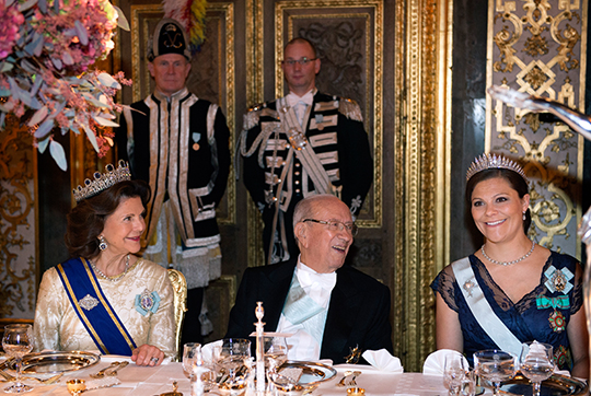 Drottningen, president Essebsi och Kronprinsessan under galamiddagen på Kungl. Slottet.