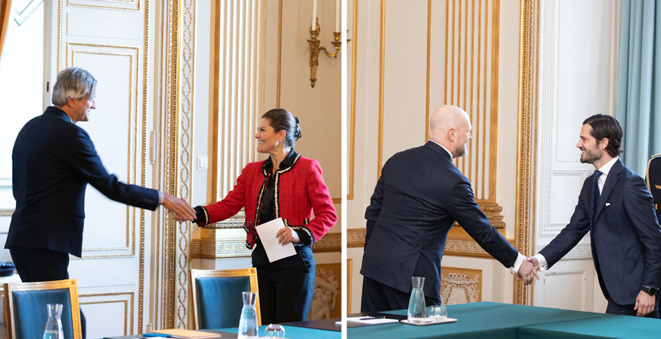 Kronprinsessan och Prins Carl Philip hälsar på FOI:s generaldirektör Jens Mattsson och avdelningschef Malek Finn Khan, ett par av mötesdeltagarna från FOI.