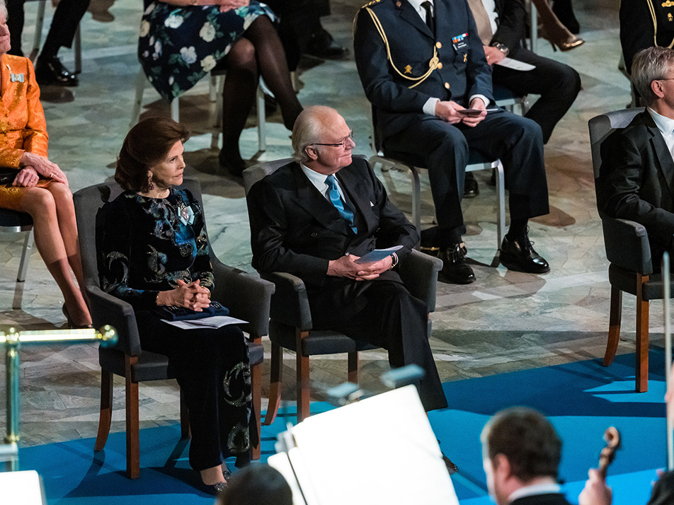 The King and Queen during the Nobel Prize ceremony in the Blue Hall at Stockholm City Hall.