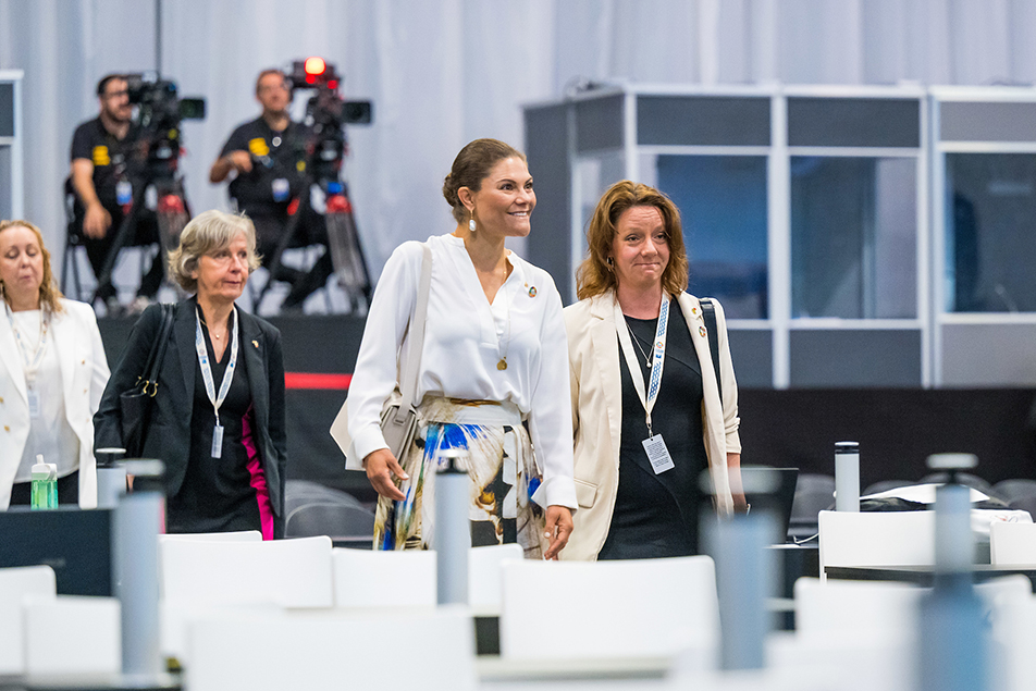 The Crown Princess, Minister for International Development Cooperation Matilda Ernkrans and Ambassador Helena Pilsas arrive at the event hosted by the governments of Sweden and Finland. 