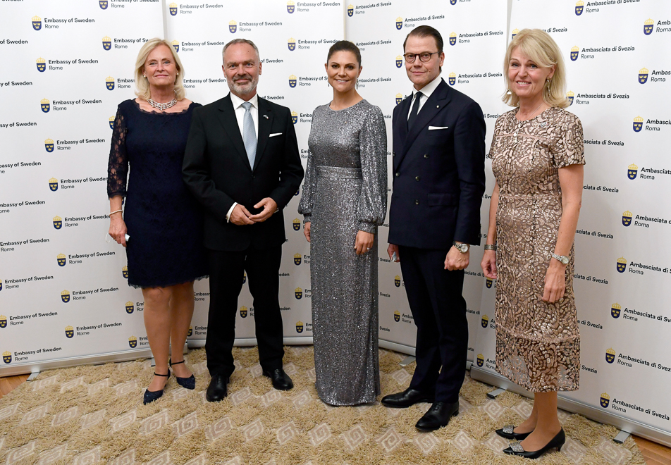 The Crown Princess Couple with Minister Anna Hallberg at a dinner hosted by the ambassador and his wife at the Swedish Residence. 