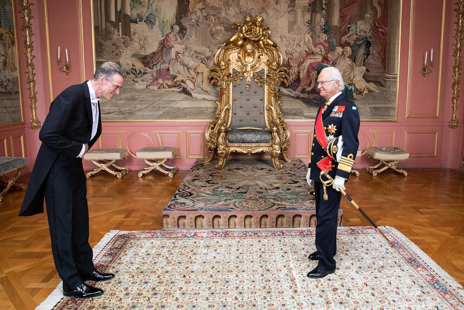 Ambassador Joachim Bertele from Germany greets The King. During the audience, The King wore the Grand Cross of the Order of Merit of the Federal Republic of Germany. 