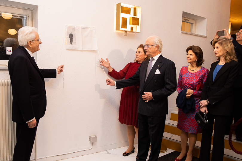 President Sergio Mattarella och Laura Mattarella var värdpar för mottagningen i italienska kulturinstitutet. 