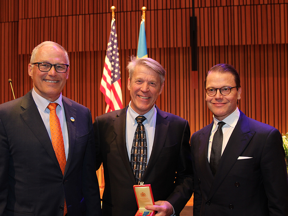 Governor Jay Inslee, Eric Nelson and Prince Daniel during the presentation of the Order of the Polar Star at the National Nordic Museum.