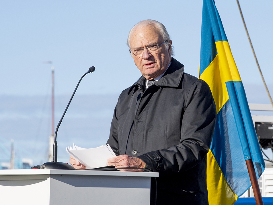 The King gives a speech during the naming of the research vessel Skagerak. 