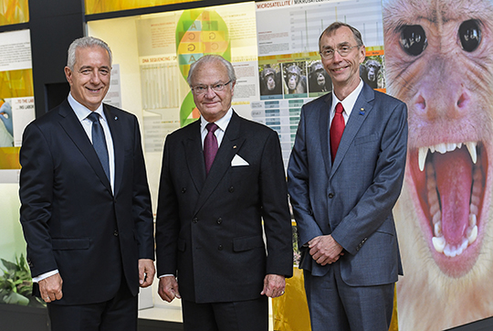 Kungen besöker Max Planck-institutet för evolutionär antropologi där professor Svante Pääbo (till höger) visar runt och presenterar verksamheten. Sachsens regeringschef Stanislaw Tillich deltar också i besöket.