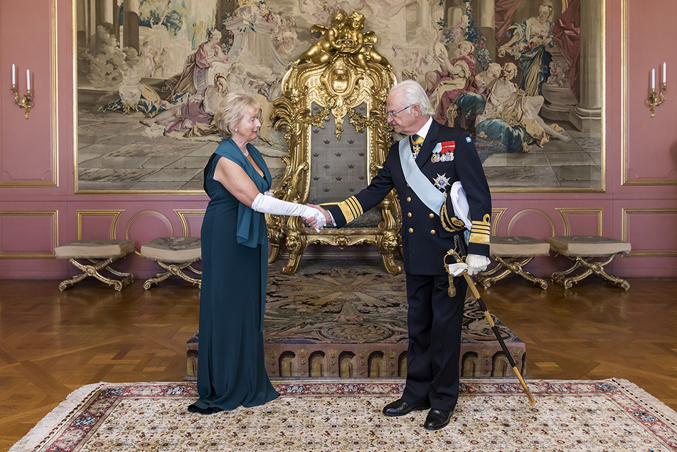 The King receives Ireland's ambassador Barbara Jones.