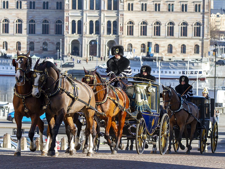 The new ambassadors arrive at the Royal Palace in a horse-drawn cortège via Slottsbacken. 