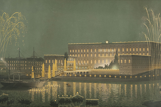 Vegas återkomst till Stockholm med Kungliga slottet i elektrisk belysning och dekorationer av Magnus Isæus (1841–1890). Bild målad av Otto August Mankell (1838–1885).