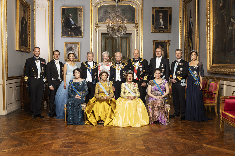 Their Majesties The King and Queen, photographed with the Nordic heads of state and their spouses, together with the heirs to the Swedish and Norwegian thrones and their spouses and The Crown Prince of Norway, in connection with the celebrations for The King's 50th jubilee. 
