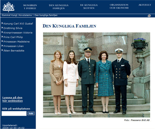 Undersida om Kungafamiljen på den första webbplatsen.