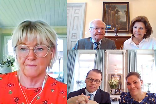 Kungaparet och Kronprinsessparet i digitalt möte med Nordiska rådets rådsdirektör Britt Bohlin. 