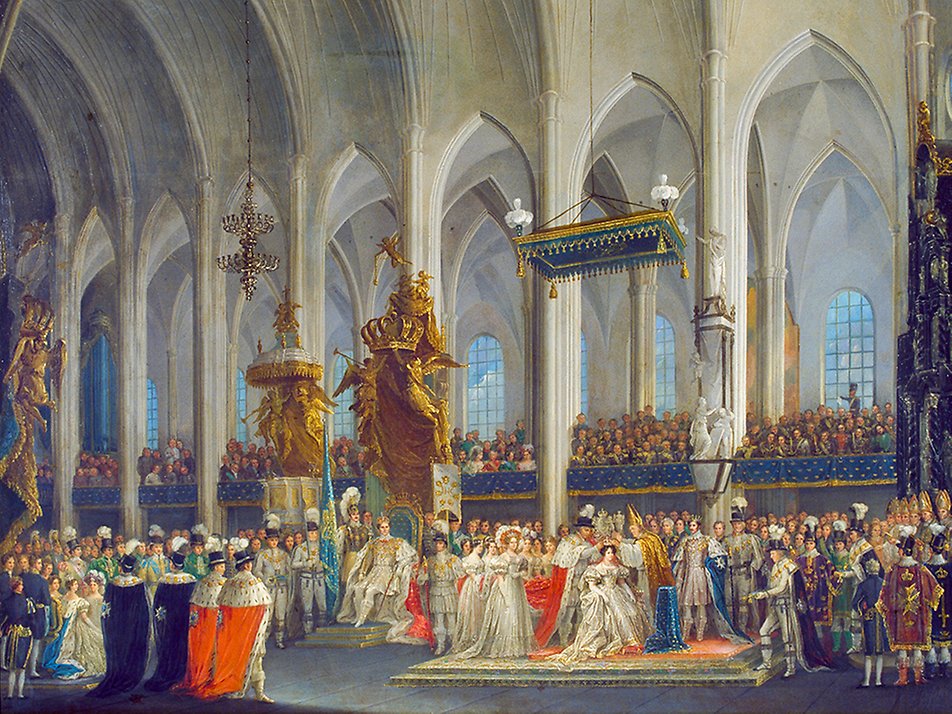 Drottning Desiderias kröning i Storkyrkan år 1829 av Fredrik Westin. Bilden är beskuren. 