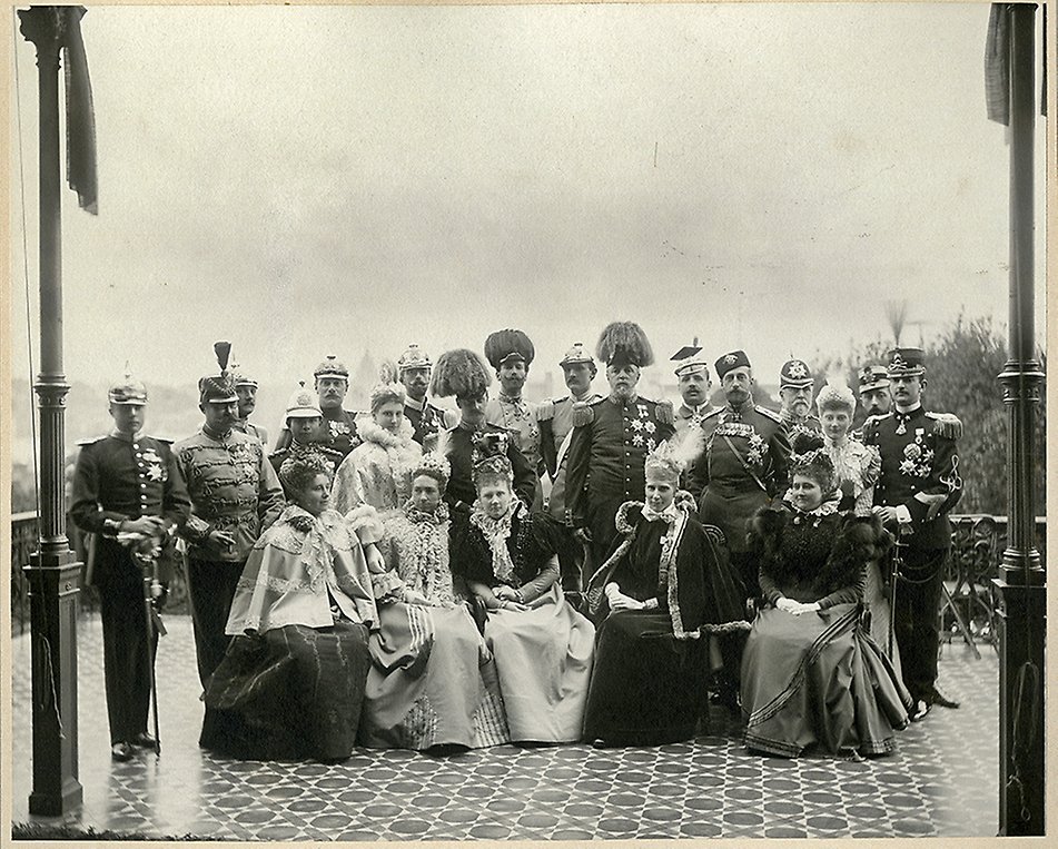 Oskar II's 25th jubilee in Stockholm on 23 September 1897. The following has been written on the back of the photo: "HM King Oskar II, jubilee. Breakfast at Hasselbacken, 23 Sept." Handwritten on the front: "Seated from left: Hereditary Grand Duchess Hilda of Baden, Crown Princess Victoria, Grand Duchess Elisabeth of Russia, Crown Princess Louise of Denmark, Princess Batheldis of Waldeck and Pyrmont. Standing, from left: Hereditary Grand Duke Wilhelm Ernst of Saxe-Weimar, Hereditary Grand Duke Wilhelm of Luxembourg, Prince Ruprecht of Bavaria, Prince Chira of Siam, Hereditary Grand Duke Fredrik of Baden, Princess Ingeborg, Crown Prince Gustaf, Crown Prince Fredrik of Denmark, Archduke Eugen of Austria, Prince Carl, King Oscar II, Sovereign Prince Fredrik of Waldeck and Pyrmont, Grand Duke Konstantin of Russia, Prince Christian of Schleswig-Holstein, Princess Thyra of Denmark, Prince Eugen, the Duke of Aosta. Stockholm, September 1897 (King Oscar II's 25th jubilee)".