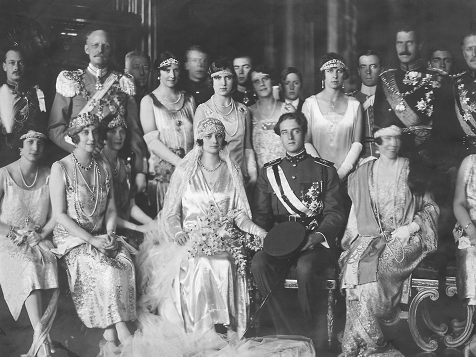 The Swedish and Belgian royal families after the church ceremony in Brussels at which Princess Astrid married the heir to the Belgian throne, Crown Prince Leopold, in 1926. 